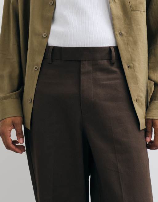 ASOS DESIGN tailored 100% cotton relaxed tapered pants in dark brown, 4 of 5