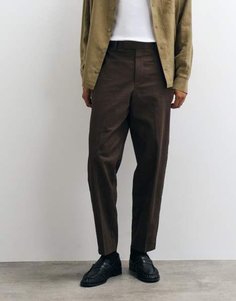 ASOS DESIGN tailored 100% cotton relaxed tapered trousers in dark brown - view 1