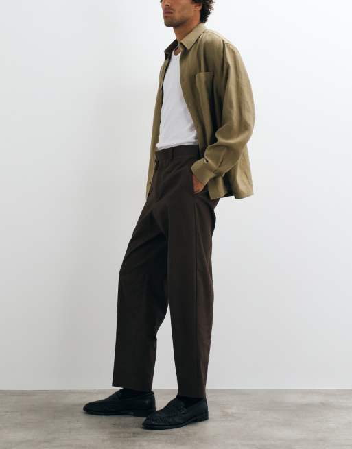 ASOS DESIGN tailored 100% cotton relaxed tapered trousers in dark brown, 2 of 5