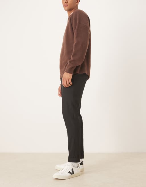 ASOS DESIGN tailored 100% cotton tapered trousers with turnup in black, 3 of 5
