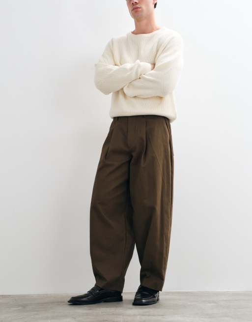 ASOS DESIGN tailored 100% cotton wide barrel leg pants with back patch pockets in brown, 2 of 5