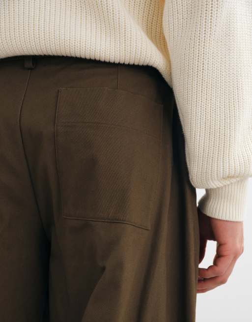 ASOS DESIGN tailored 100% cotton wide barrel leg pants with back patch pockets in brown, 4 of 5
