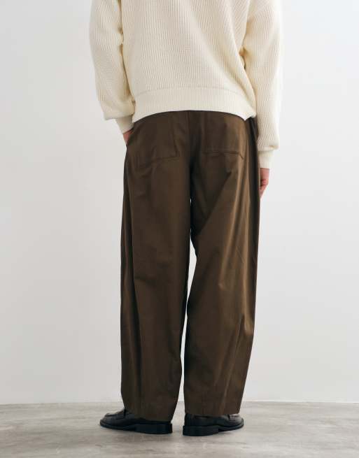 ASOS DESIGN tailored 100% cotton wide barrel leg pants with back patch pockets in brown, 5 of 5