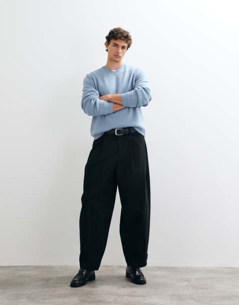 ASOS DESIGN tailored 100% cotton wide barrel leg pants with hem adjuster in black - view 1