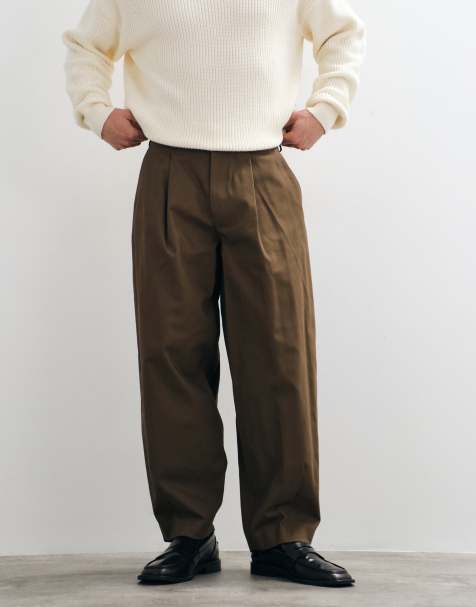 ASOS DESIGN tailored 100% cotton wide barrel leg trousers with back patch pockets in brown - view 1