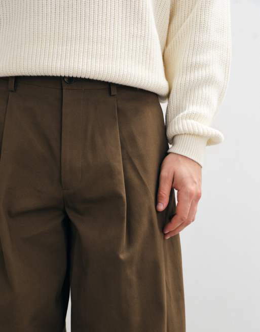 ASOS DESIGN tailored 100% cotton wide barrel leg trousers with back patch pockets in brown, 3 of 5