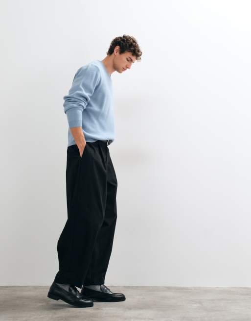 ASOS DESIGN tailored 100% cotton wide barrel leg trousers with hem adjuster in black, 4 of 5