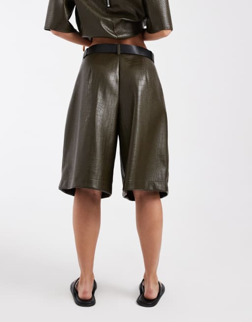 ASOS DESIGN Tailored a-line longline belted bermuda shorts in olive croc, 5 of 5