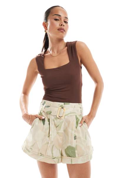 ASOS DESIGN tailored a-line short with belt in blurred abstract print - view 1