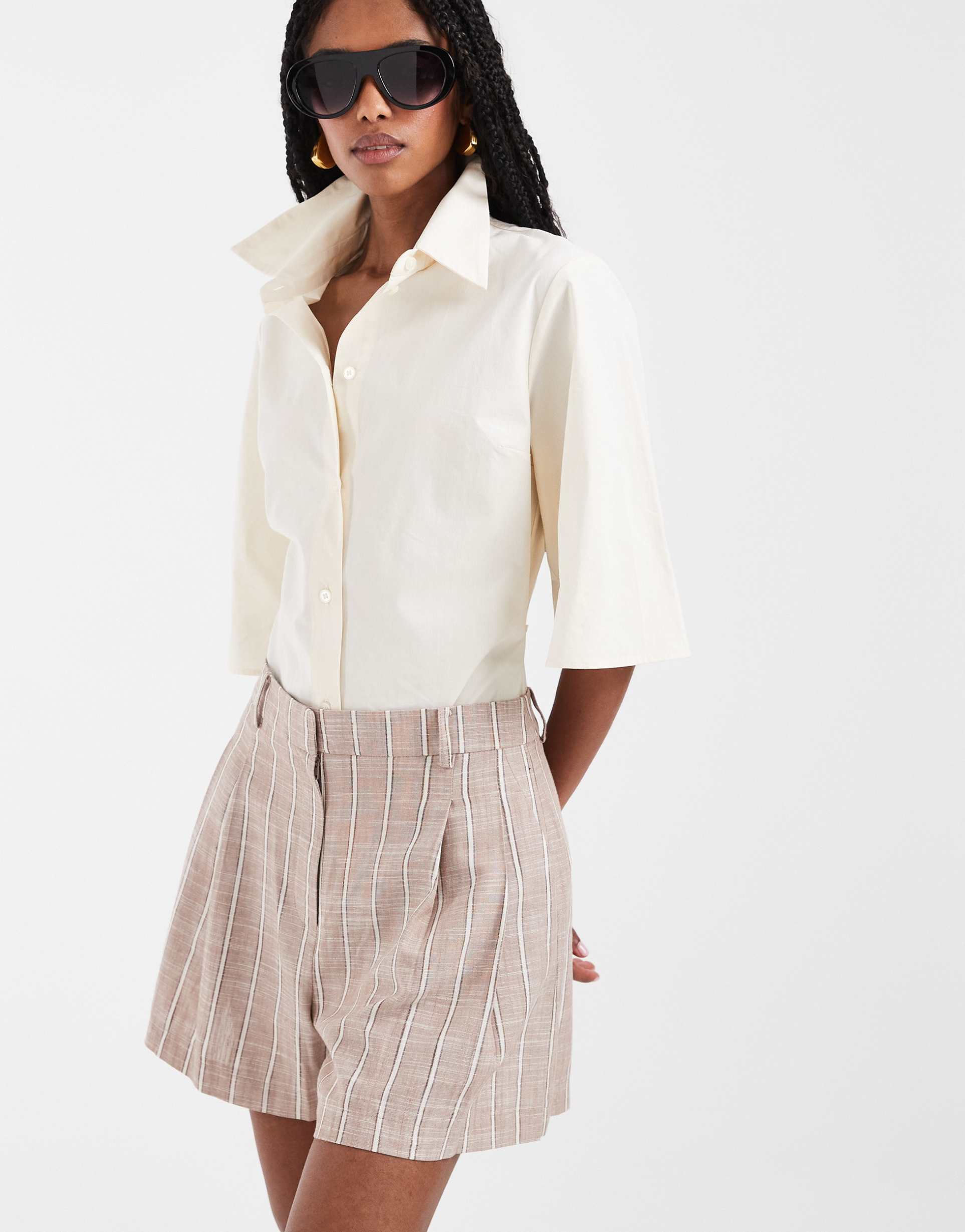 asos design tailored a line shorts with linen in mink striped print