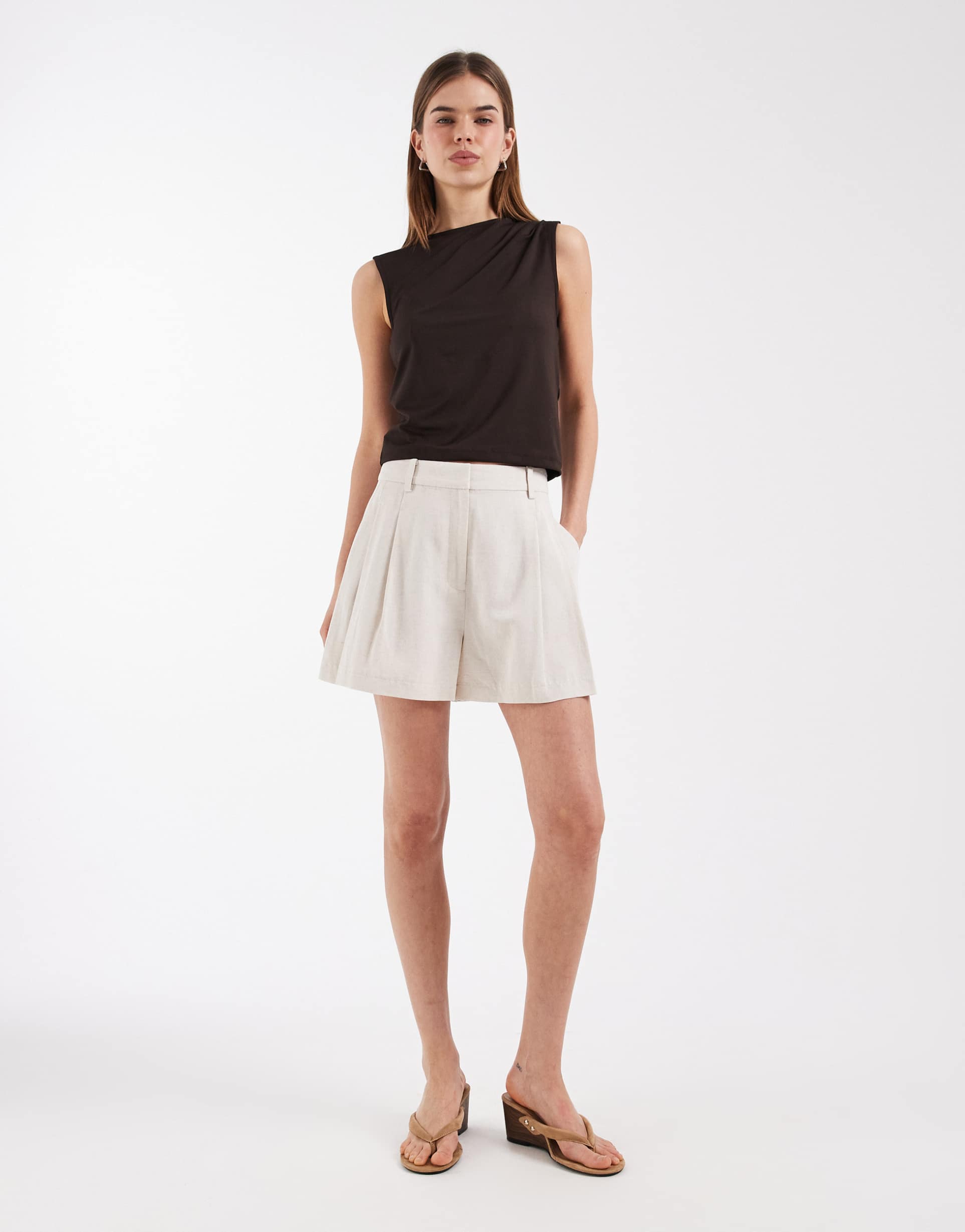asos design tailored a-line shorts with linen in natural