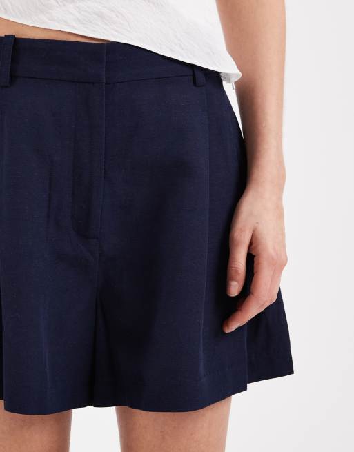 ASOS DESIGN tailored A-line shorts with linen in navy , 3 of 5