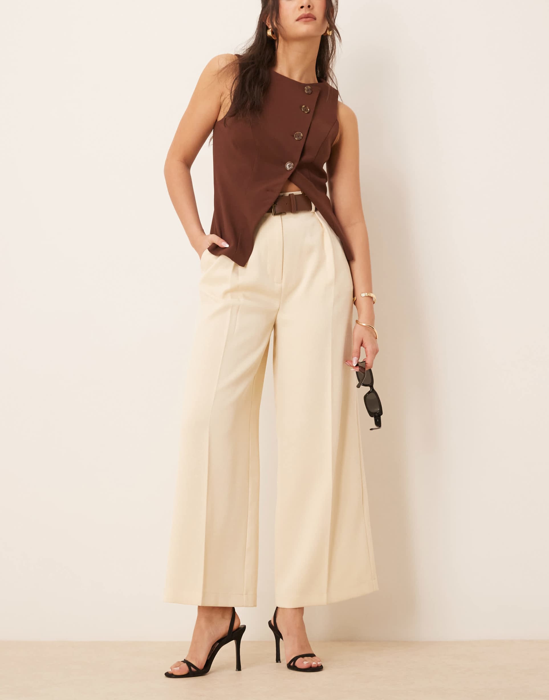 asos design tailored ankle grazer pants with pu belt in buttermilk