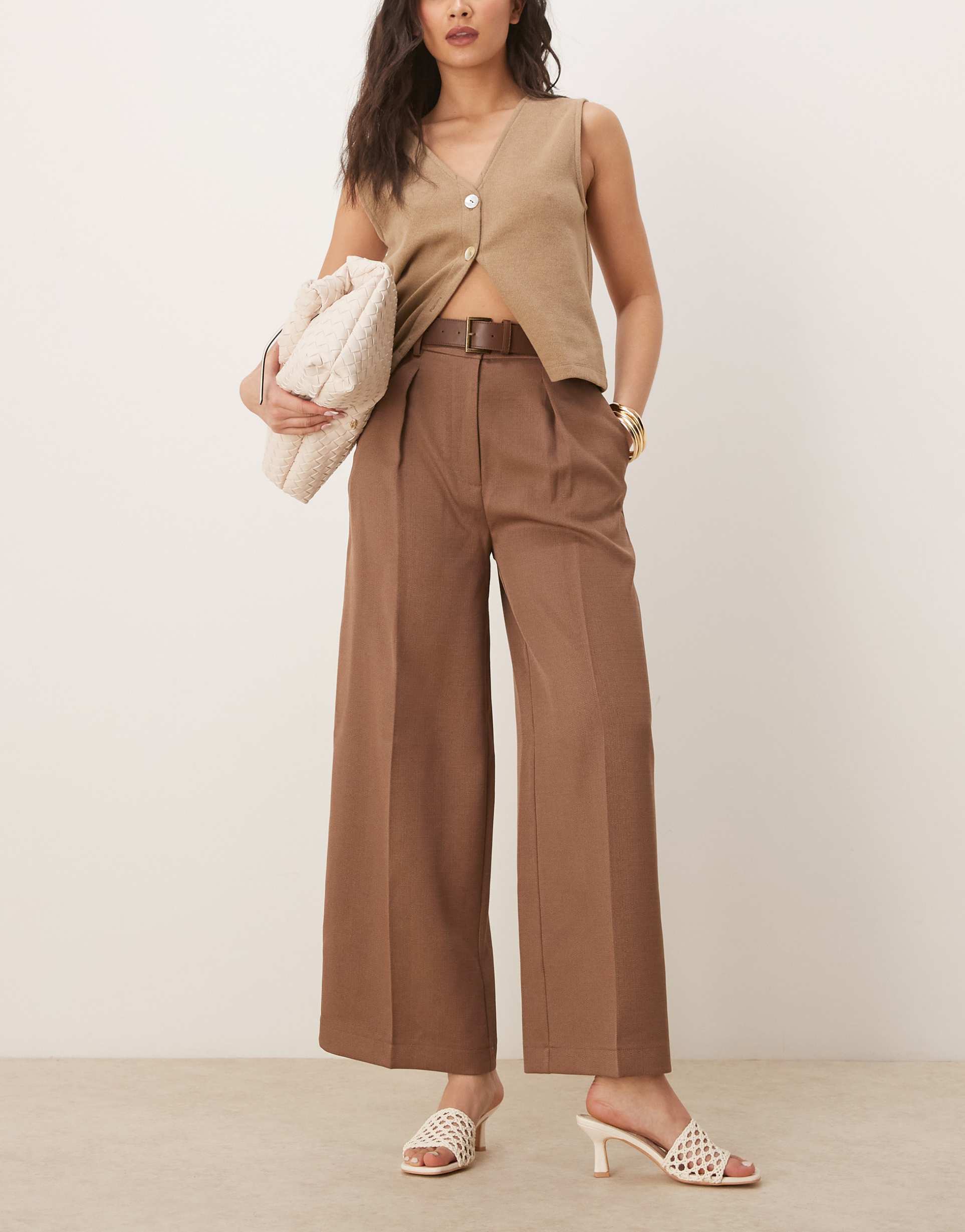 asos design tailored ankle grazer pants with pu belt in mocha