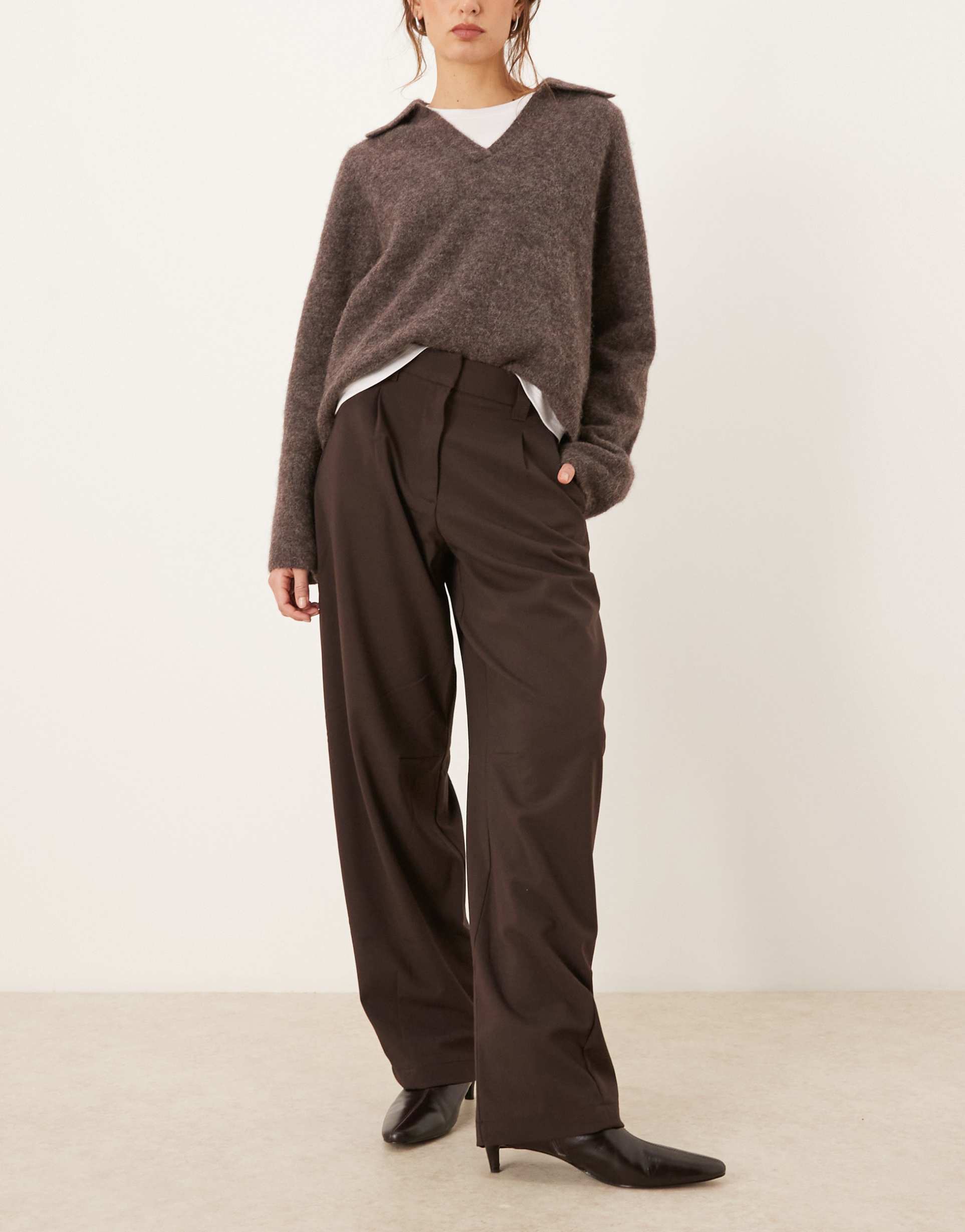 asos design tailored arch barrel leg pants in brown