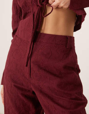 ASOS DESIGN tailored arch leg embroidered pants in dark cherry - part of a set