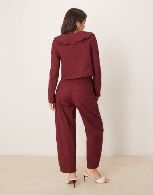 ASOS DESIGN tailored arch leg embroidered pants in dark cherry (part of a set), 3 of 5