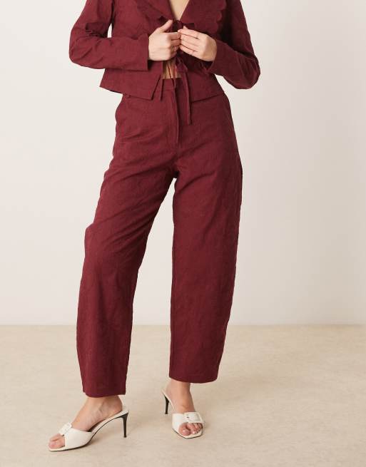 ASOS DESIGN tailored arch leg embroidered pants in dark cherry (part of a set), 4 of 5