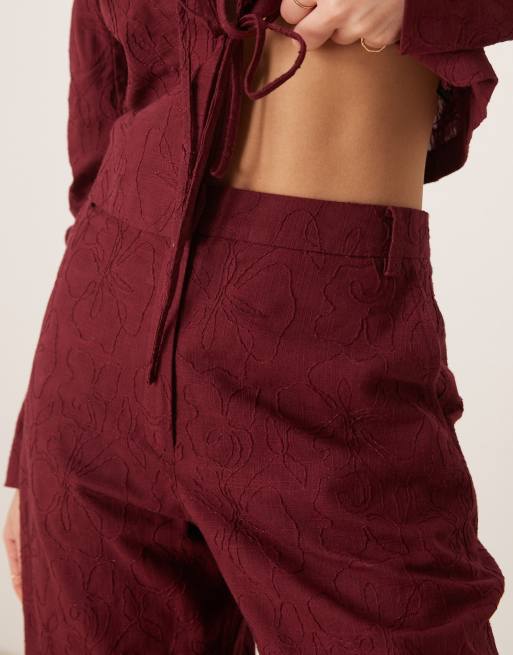 ASOS DESIGN tailored arch leg embroidered trousers co-ord in dark cherry, 2 of 5