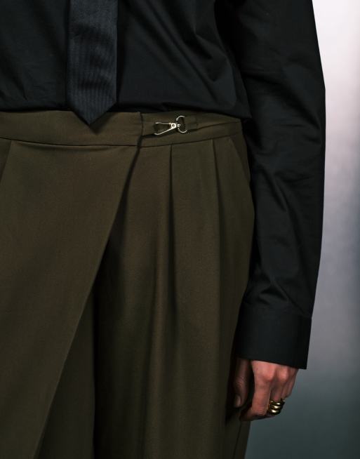 ASOS DESIGN tailored asymmetric wrap wide leg pants with buckle detail in khaki