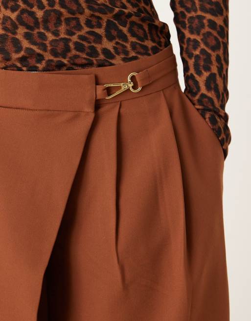 ASOS DESIGN tailored asymmetric wrap wide leg pants with buckle detail in tobacco