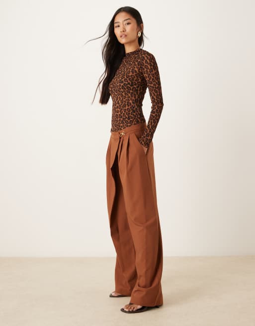 ASOS DESIGN tailored asymmetric wrap wide leg pants with buckle detail in tobacco