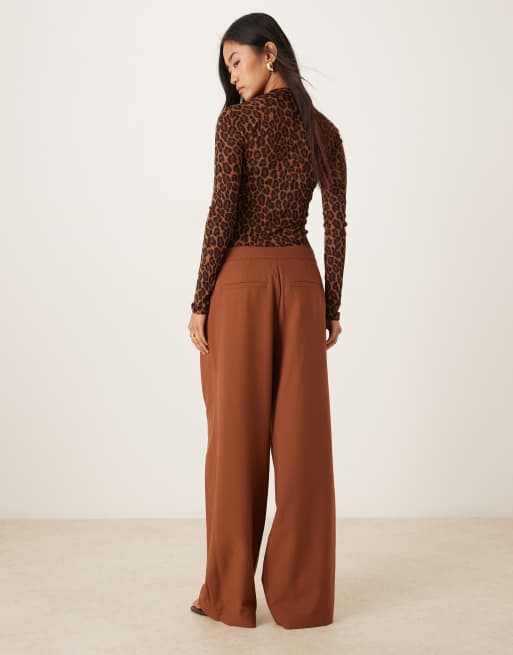 ASOS DESIGN tailored asymmetric wrap wide leg pants with buckle detail in tobacco
