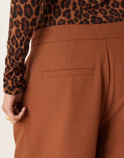 ASOS DESIGN tailored asymmetric wrap wide leg pants with buckle detail in tobacco