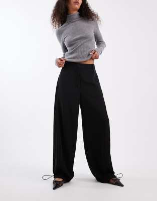 Asos Design Pull On Slub Wide Leg Pants In Black