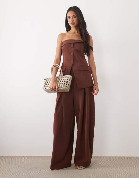 ASOS DESIGN tailored bandeau button through waistcoat in brown - view 1