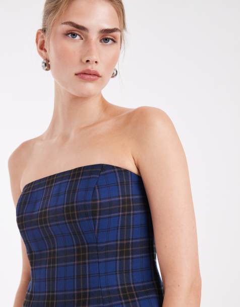 ASOS DESIGN tailored bandeau top in blue check (part of a set) - view 1