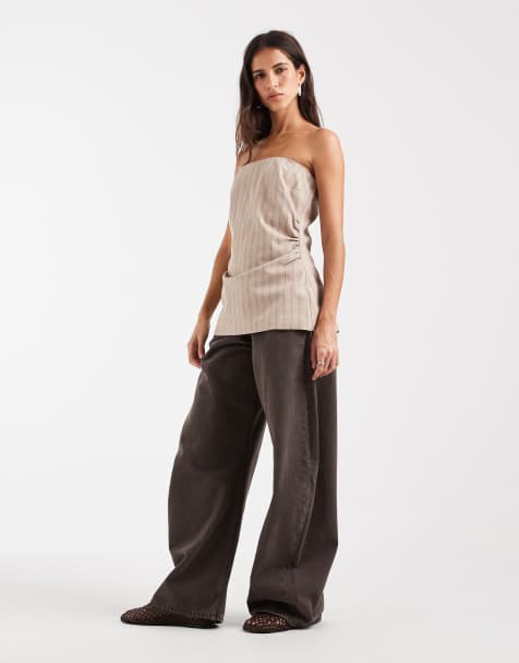 ASOS DESIGN Tailored bandeau top in taupe stripe - view 1