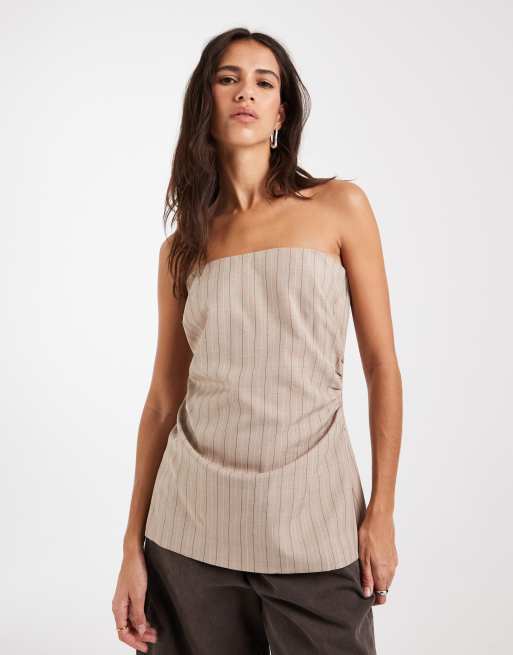 ASOS DESIGN Tailored bandeau top in taupe stripe, 2 of 4