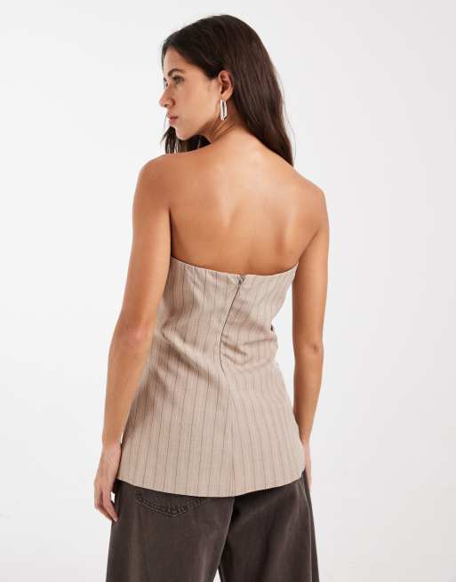 ASOS DESIGN Tailored bandeau top in taupe stripe, 4 of 4