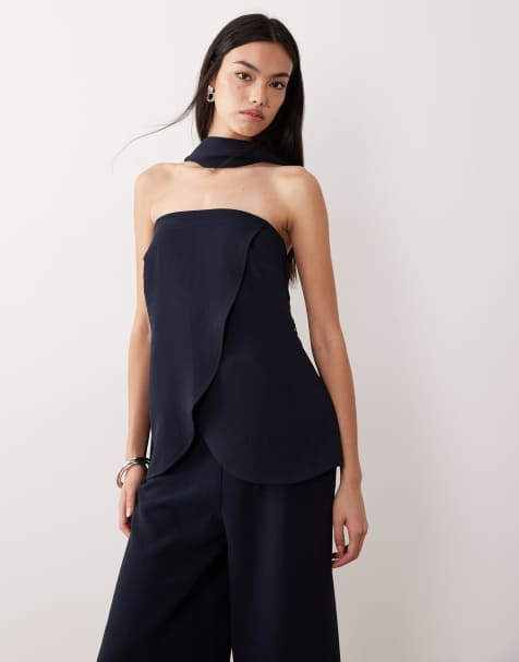 ASOS DESIGN Tailored bandeau top with choker detail co-ord in navy - view 1