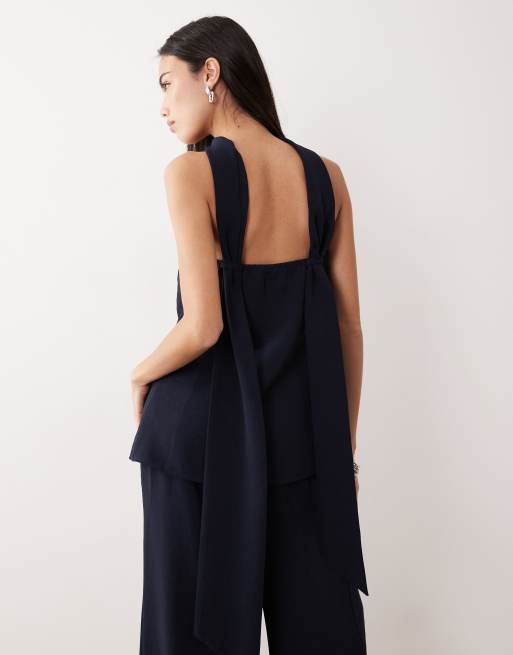 ASOS DESIGN Tailored bandeau top with scarf detail co-ord in navy, 3 of 4