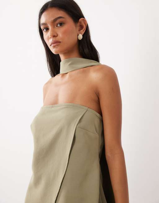 ASOS DESIGN tailored bandeau top with scarf detail co-ord in soft olive, 4 of 4