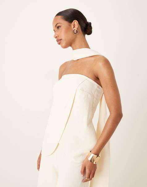 ASOS DESIGN tailored bandeau top with scarf detail in buttermilk (part of a set) - view 1