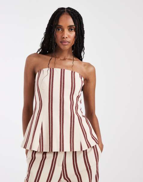ASOS DESIGN tailored bandeau top with tie back in textured stripes - view 1