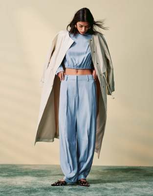 Asos Design Tailored Barrel Leg Pants With Turn Up Hem In Blue