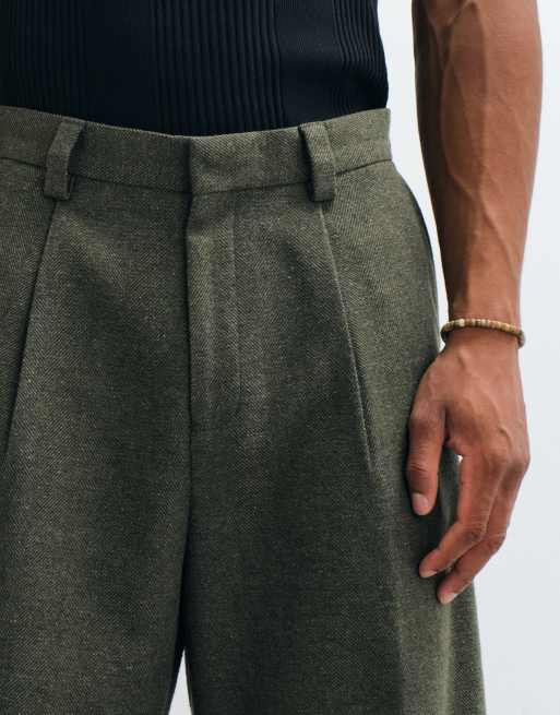 ASOS DESIGN tailored barrel leg pants with wool in green herringbone, 2 of 5
