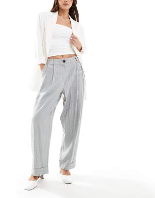 ASOS DESIGN tailored barrel leg trousers with turn up hem in grey stripe-Multi