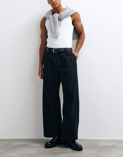 ASOS DESIGN tailored barrel leg trousers with wool in black herringbone, 3 of 5