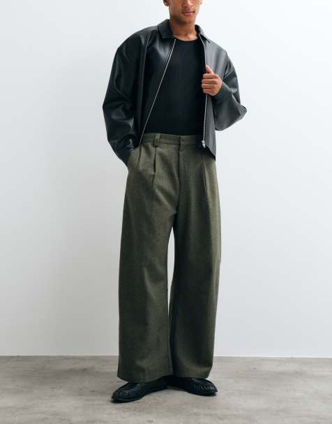 ASOS DESIGN tailored barrel leg trousers with wool in green herringbone