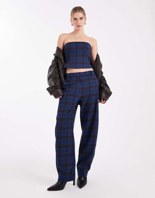 ASOS DESIGN tailored barrel pants in blue plaid - part of a set
