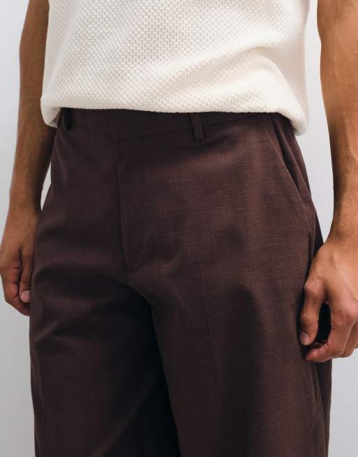 ASOS DESIGN tailored belted barrel leg pants in brown linen look, 5 of 5