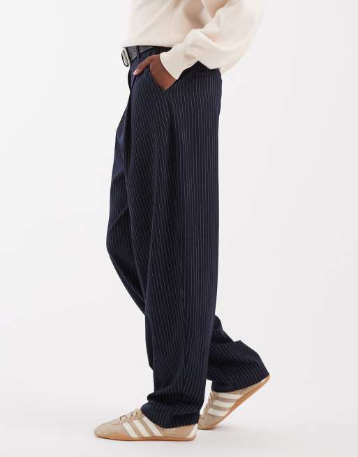 ASOS DESIGN tailored belted barrel trousers in navy stripe, 2 of 5