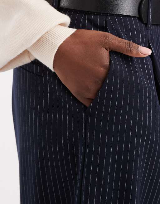 ASOS DESIGN tailored belted barrel trousers in navy stripe, 5 of 5