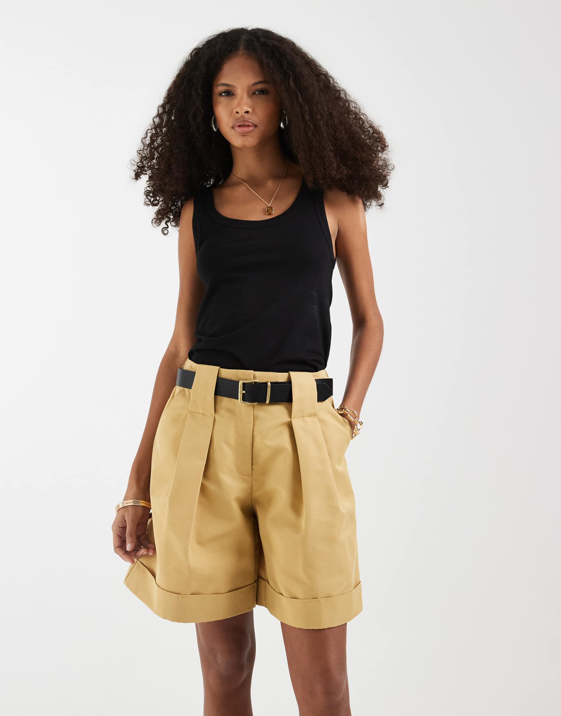 asos design tailored belted cuffed shorts in camel