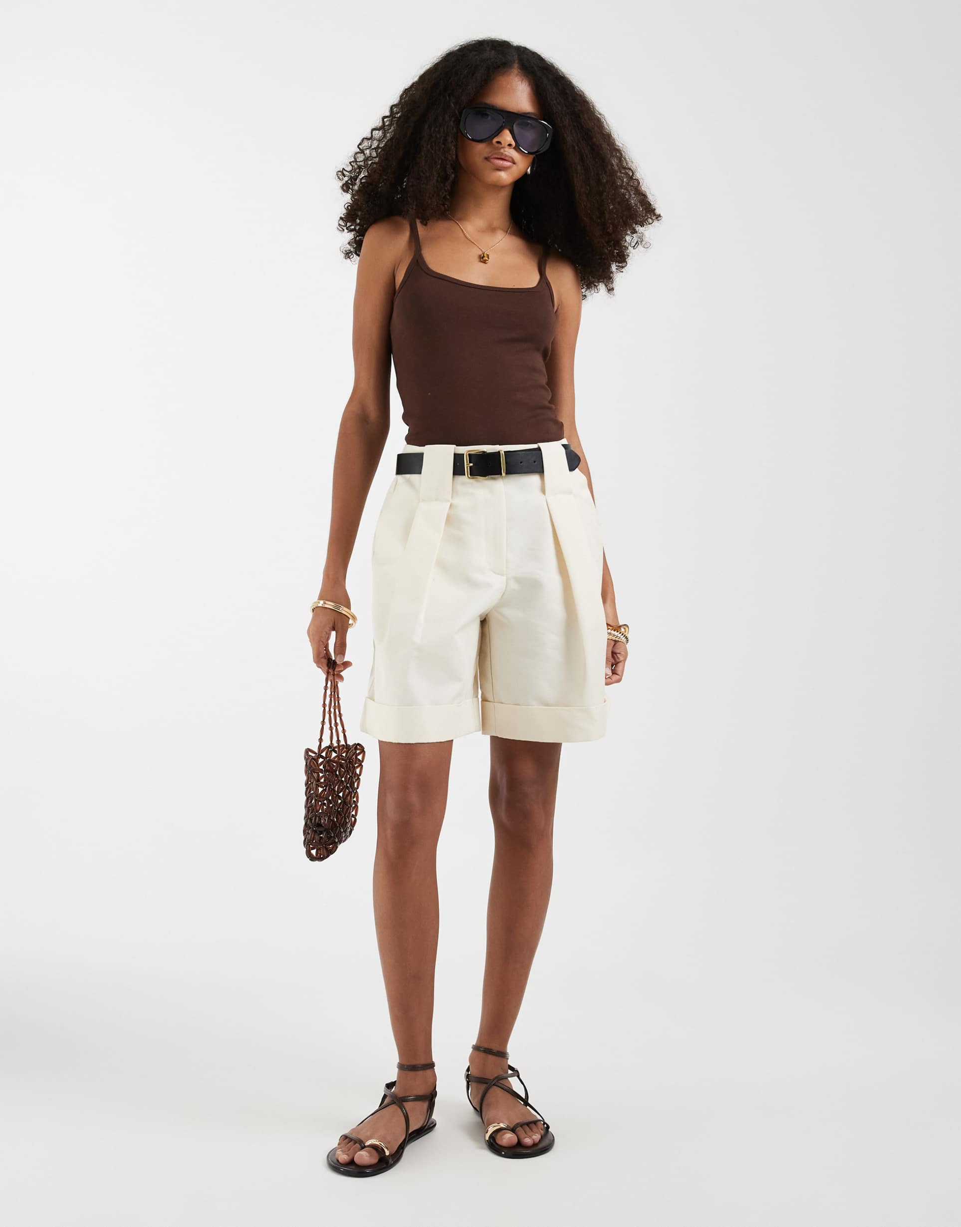 asos design tailored belted cuffed shorts in cream